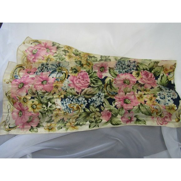 Vintage Oscar De La Renta Silk Scarf Pink Blue Floral Roses Long 52x11 - Picture 3 of 7